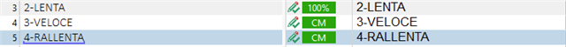 Screenshot showing Trados Studio translation memory matches with incorrect alphanumeric string recognition, displaying '3-LENTA' as '2-LENTA' and '4-RALLENTA' as '3-VELOCE'.