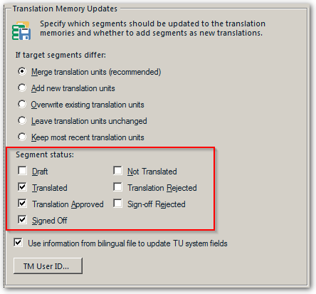 Trados Studio Translation Memory Updates dialog box with options for segment status. 'Sign-off Rejected' is highlighted indicating it can be excluded from TM updates.