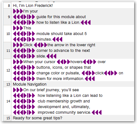 Screenshot of Trados Studio showing text with multiple tag symbols like arrows and diamonds, making the segment hard to read.