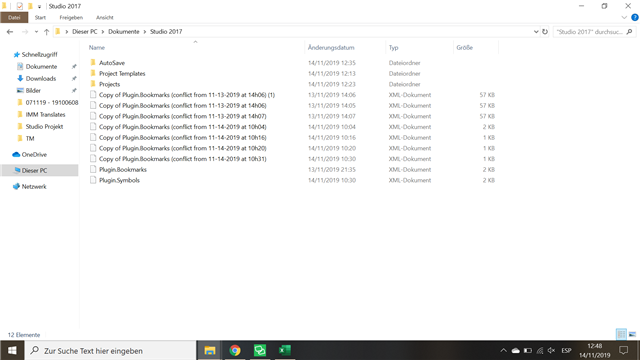 Screenshot of Trados Studio 2017 local SDL folder showing multiple 'Copy of PlugIns_Bookmarks' XML documents with corresponding timestamps to when files disappeared.