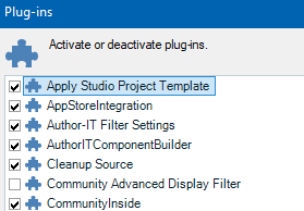 Trados Studio Plug-ins window showing various plugins with checkboxes, including Apply Studio Project Template and AppStoreIntegration.
