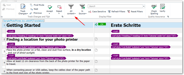 Screenshot of Trados Studio interface showing original format with 'Getting Started' heading and bullet points in English on the left and 'Erste Schritte' in German on the right, with tags visible within the text segments.