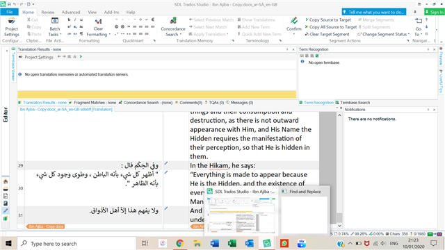 Trados Studio application open with a project loaded, showing Arabic text in the translation grid. The Find and Replace window is not visible on the screen.