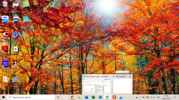 Desktop background with autumn trees, showing a blank Find and Replace window thumbnail in the taskbar without any visible content.