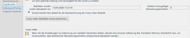 Trados Studio TM editor showing a warning about the need for re-indexing the Fuzzy-Index statistics.