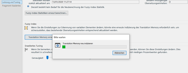 Trados Studio dialog box indicating the Translation Memory is being re-indexed.