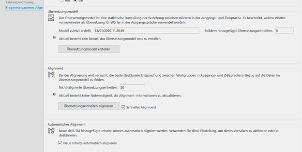 Trados Studio TM editor displaying a message about the absence of a need to update the translation model.