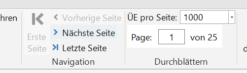 Trados Studio TM editor pagination showing 25 pages with 1000 segments per page.