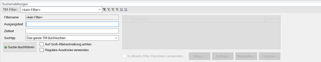 Trados Studio TM editor search filter with no filters applied.
