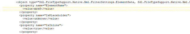 XML code snippet from Trados Studio with properties 'ElementName', 'IsPlaceholder', and 'IsInline' set to 'true'.