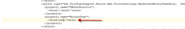 Screenshot of Trados Studio XML parsing rule settings showing an error with the 'WithinText' property value set to 'yes'. Red arrow pointing to the error.