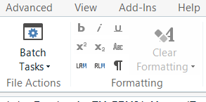 Trados Studio 2017 interface showing the 'Advanced' tab with 'Batch Tasks' dropdown and 'Formatting' section. The bold 'b' icon is disabled and grayed out.