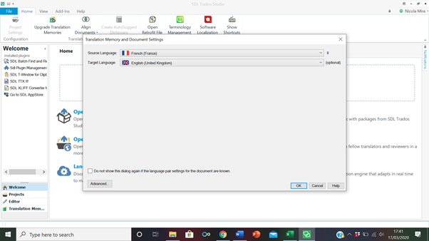 Trados Studio screenshot showing the 'Translate Single Document' dialog with source language set to French (France) and target language set to English (United Kingdom). The Translation Memory and Automated Translation section is blank with no TM field visible.
