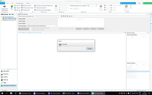 SDL Trados Studio 2019 interface frozen with an 'Export' dialog box showing a non-responsive progress bar, indicating a system hang or crash.