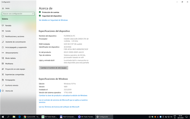 Screenshot of Windows 'About' page showing device specifications including processor, RAM, and system type, and Windows specifications including edition, version, and system install date.