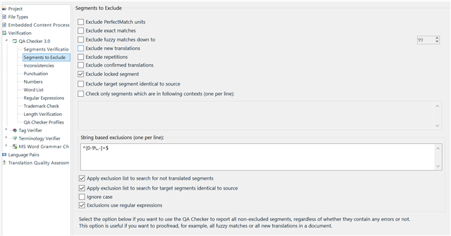 Trados Studio Advanced Display Filter settings with options to exclude various types of segments, such as exact matches and repetitions.