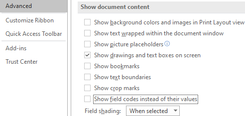 Word Options dialog box with 'Show field codes instead of their values' checkbox selected under Show document content section.