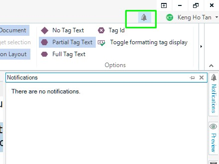 Trados Studio interface showing the top right corner with a user logged in as 'Keng Ho Tan' and a bell icon indicating 'Notifications'. A dropdown menu displays a message 'There are no notifications.'