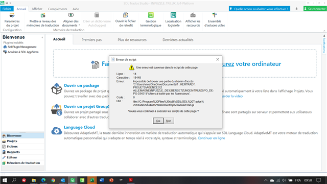 Trados Studio script error dialog box with details of the error code and a message suggesting to restart the computer, with 'Yes' and 'No' options.