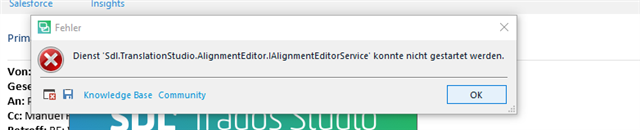 Error message window stating 'Service 'Sdl.TranslationStudio.AlignmentEditor.IAlignmentEditorService' could not be started.' with an OK button.