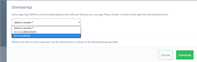 Download App window with a dropdown menu to select a version of the app, showing options 4.1.1.3 (20152017) and 4.1.1.4 (2019).