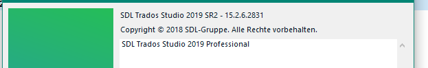 SDL Trados Studio 2019 SR2 version 15.2.6.2831 information bar showing copyright and version details.