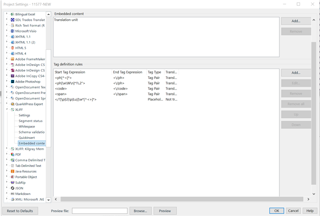 Trados Studio Project Settings window showing the Embedded content section with Tag definition rules for start and end tag expressions.