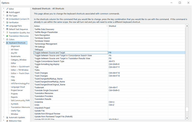 Trados Studio Options window showing Keyboard Shortcuts tab with a list of commands and their associated key combinations.