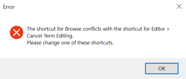 Error message in Trados Studio indicating a shortcut conflict for 'Browse' with 'Editor > Cancel Term Editing'.