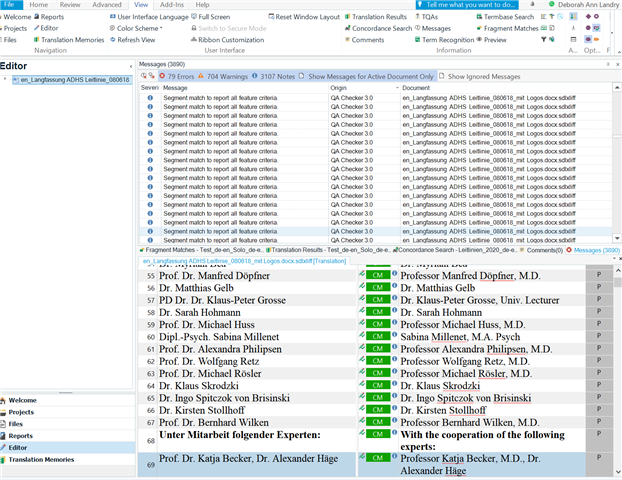 Screenshot of Trados Studio showing multiple 'Segment match to report all failure criteria' errors in the Messages tab.