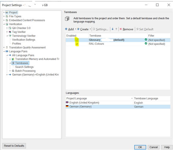 Trados Studio Project Settings window displaying Term bases section with 'Glossary' and 'RAL-Colours' term bases added and language mapping for English and German.