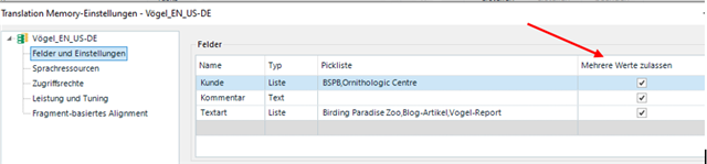 Screenshot of Trados Studio 2019 showing Translation Memory Settings for 'Vogel_EN-US_DE' with a red arrow pointing to 'Mehrere Werte zulassen' checkbox.