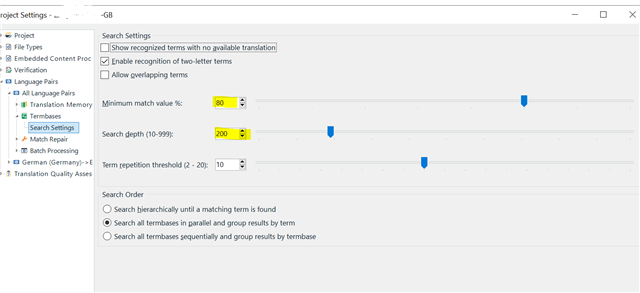 Screenshot of Trados Studio project settings showing Search Settings with sliders for minimum match value at 80%, search depth at 200%, and term repetition threshold at 10.