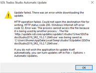 Trados Studio update error message stating 'HTTP operation failed. Could not open the destination file for writing. HTTP status code 200. Windows Internet API error code 32. The process cannot access the file because it is being used by another process.' with an OK button.