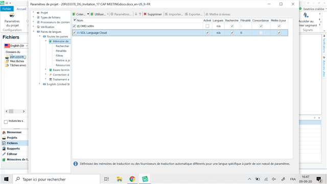 Trados Studio 2019 interface showing the 'Project Settings' window with 'SDL Language Cloud' selected under 'Translation Memory and Automated Translation'. No visible errors.