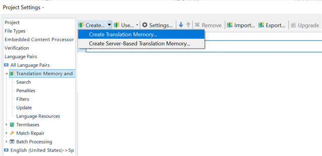 Trados Studio Project Settings window showing the option to create a new translation memory under Translation Memory and Automated Translation.