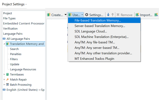 Trados Studio Project Settings with Translation Memory and Automated Translation expanded, showing options for using different types of translation memories.