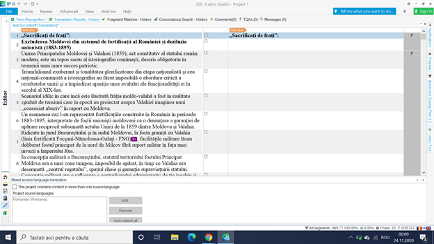 Screenshot of Trados Studio software showing a document in editing mode with a warning message 'The source text contains text in more than one source language' at the bottom.
