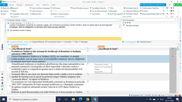 Screenshot of Trados Studio interface showing an open project with a segment selected for translation. No visible errors or warnings.