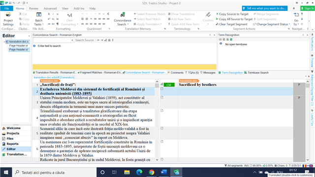 Trados Studio interface showing an open project with a Translation Memory error, 'TM deactivation' message, and an untranslated segment highlighted.