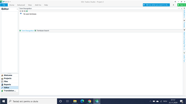 Trados Studio editor view with no open term base message displayed in the Term Recognition window.
