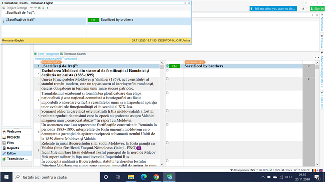 Trados Studio translation results window showing a segment of text in Romanian with its English translation and term recognition results.