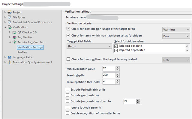 Trados Studio Project Settings window showing Verification Settings with 'Rejected obsolete' and 'Rejected deprecated' ticked under Term blacklist fields.