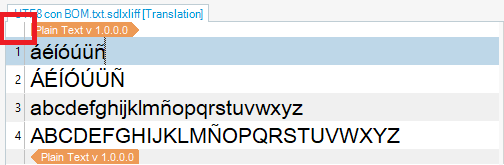 Screenshot of Trados Studio showing lines 10 to 12 with text in various character sets including accented letters and the alphabet.