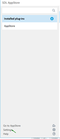 Screenshot of Trados Studio's SDL AppStore panel showing 'Installed plug-ins' with 'AppStore' listed. Below are three options: 'Go to AppStore', 'Settings', and 'Help'. The 'Settings' button is highlighted.