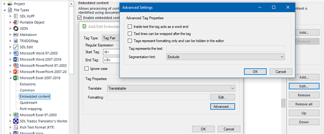 Trados Studio Project Settings window showing Microsoft Excel file type options with Embedded content panel open. Advanced Settings dialog box is highlighted with Exclude selected for tag pairs.