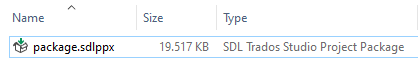 Screenshot showing a Trados Studio project package named 'package.sdlppx' with a file size of 19,517 KB in Windows Explorer.