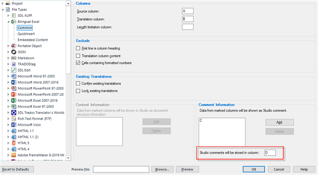 Trados Studio 2019 project settings window showing file types and columns configuration with a warning that Studio comments will be stored in column D.