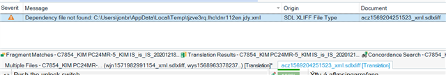 Trados Studio error message stating 'Dependency file not found' with a file path, indicating a missing file that may affect creating a return package.