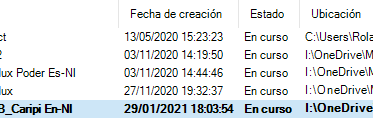 Close-up of Trados Studio project list showing four projects with their creation dates, all in progress, and locations on the C drive and OneDrive.
